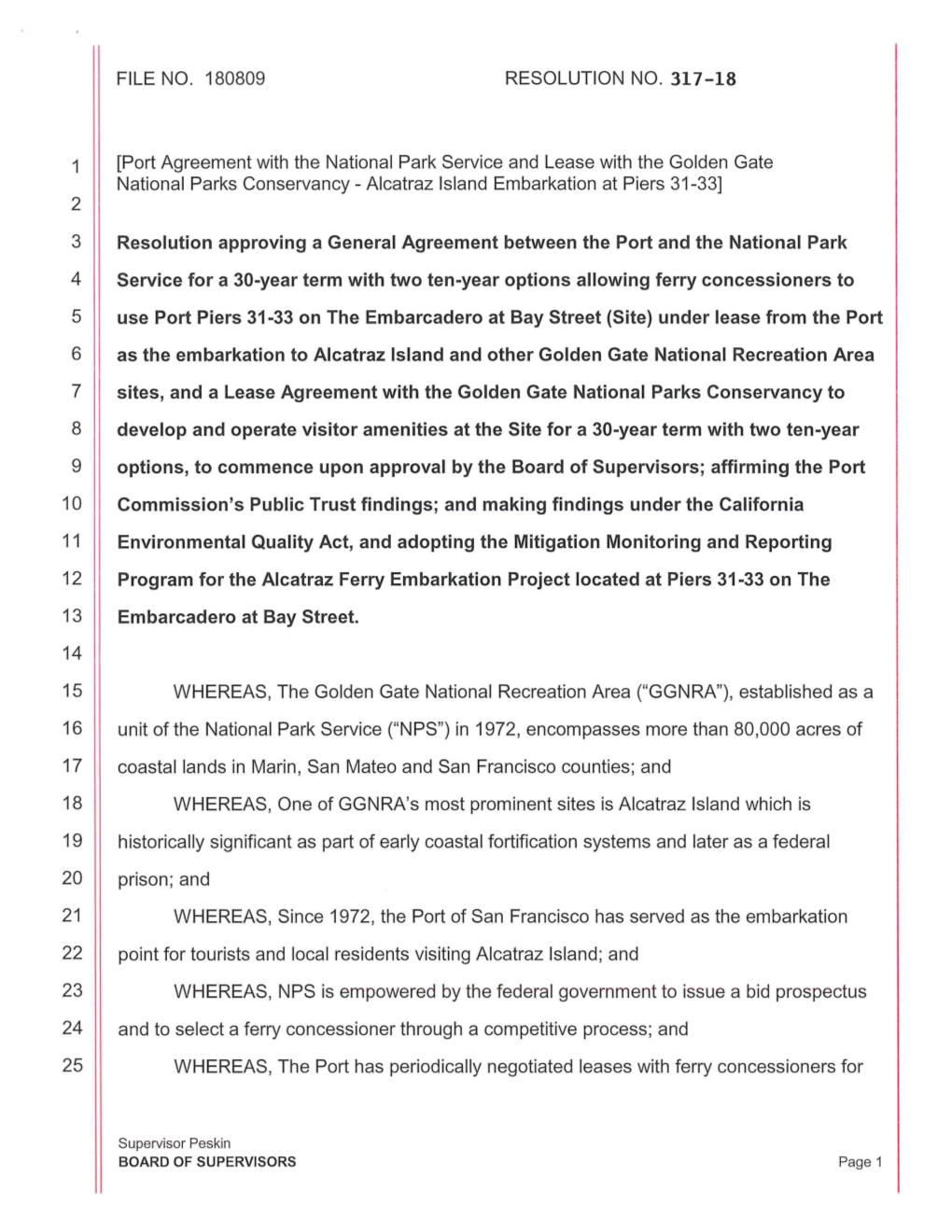 Resolution Approving a General Agreement Between the Port and the National Park