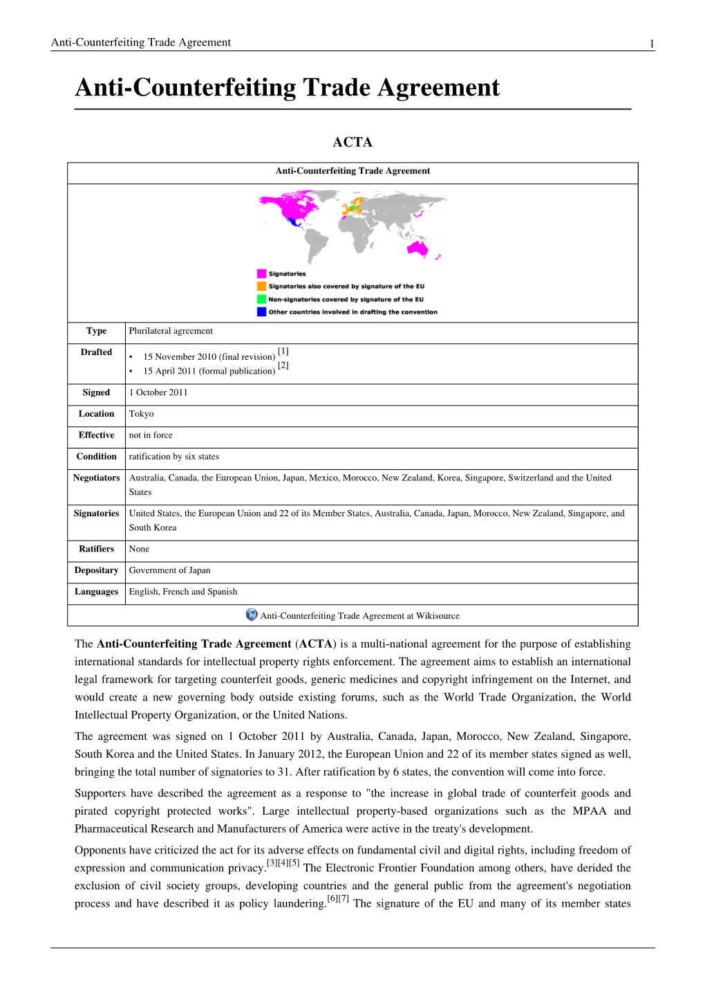 Anti-Counterfeiting Trade Agreement 1 Anti-Counterfeiting Trade Agreement