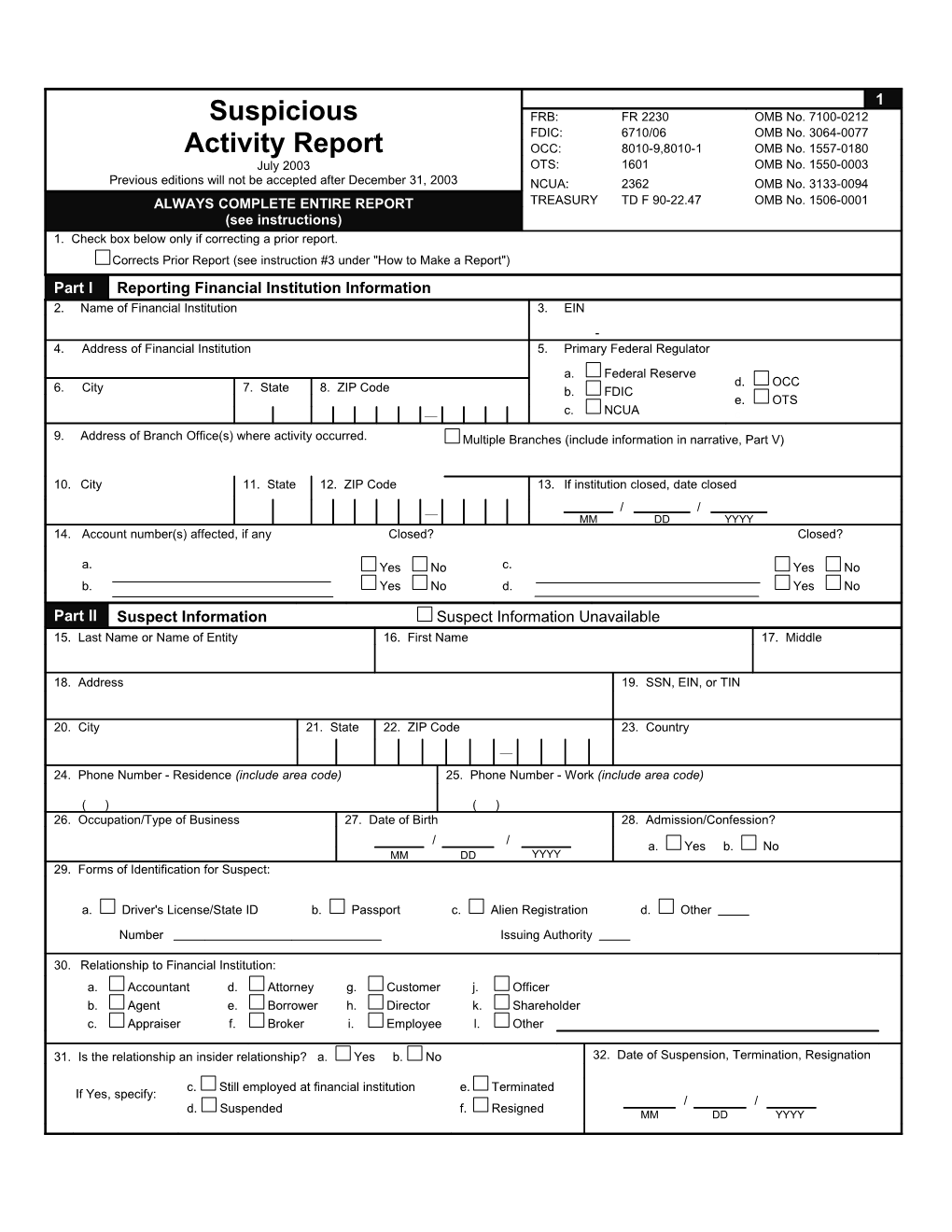 FDIC 6710/06, Suspicious Activity Report