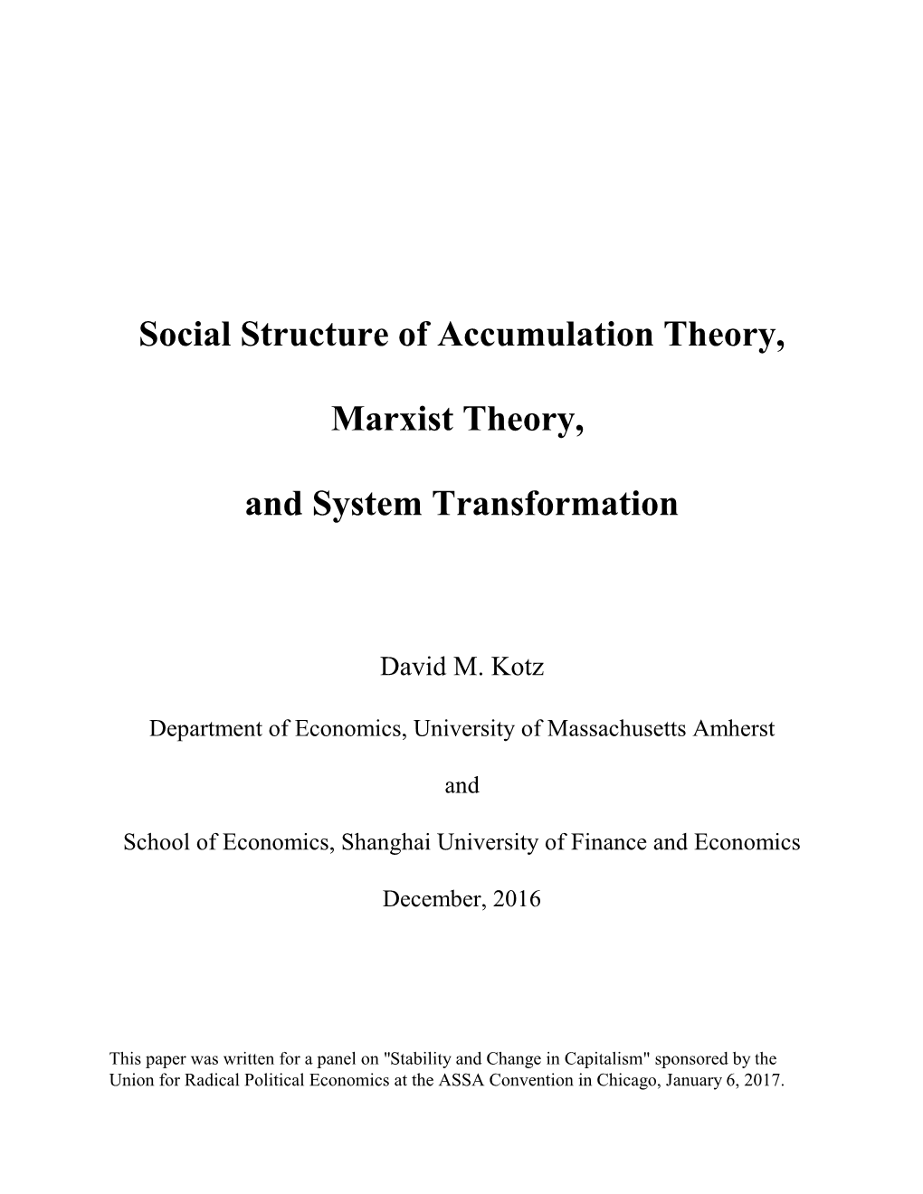 Social Structure of Accumulation Theory, Marxist Theory, and System