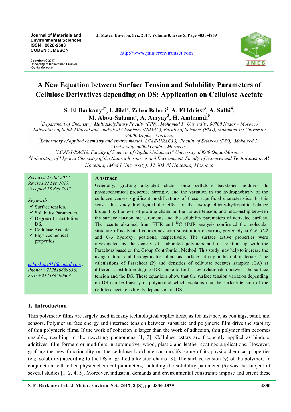 A New Equation Between Surface Tension and Solubility Parameters of Cellulose Derivatives Depending on DS: Application on Cellulose Acetate