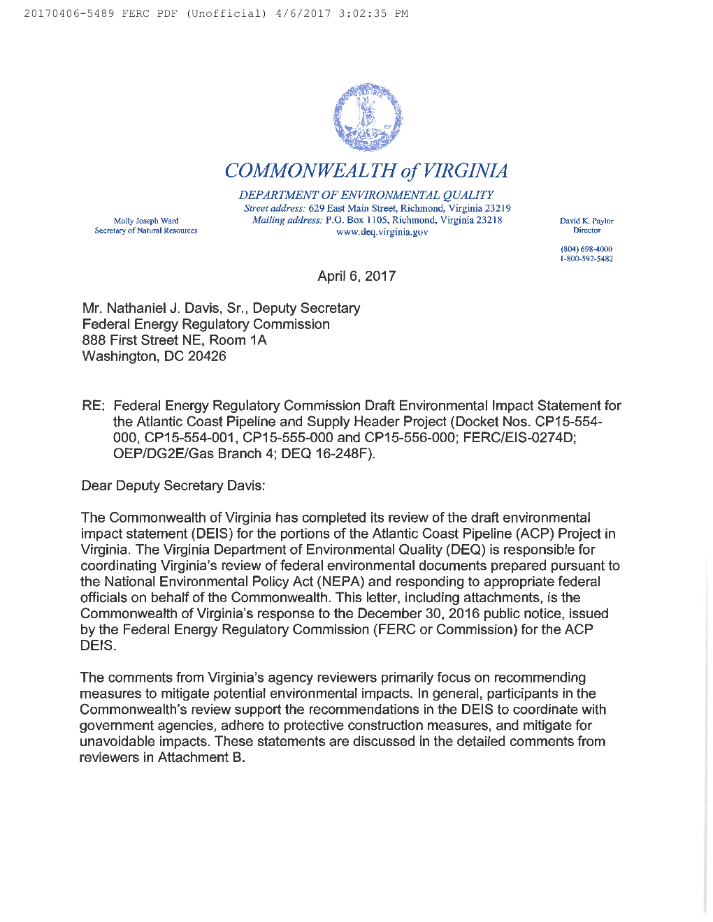 VIRGINIA DEPARTMENT of ENVIRONMENTAL QUALITY Street Address: 629 East Main Street, Richmond, Virginia 23219 Molly Joseph Ward Mailing Address: P.O.P