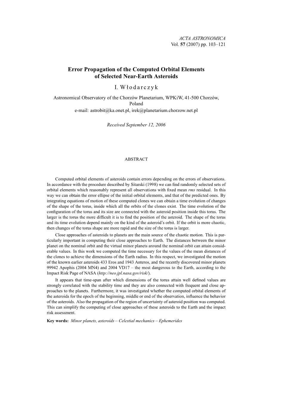 Error Propagation of the Computed Orbital Elements of Selected Near-Earth Asteroids I