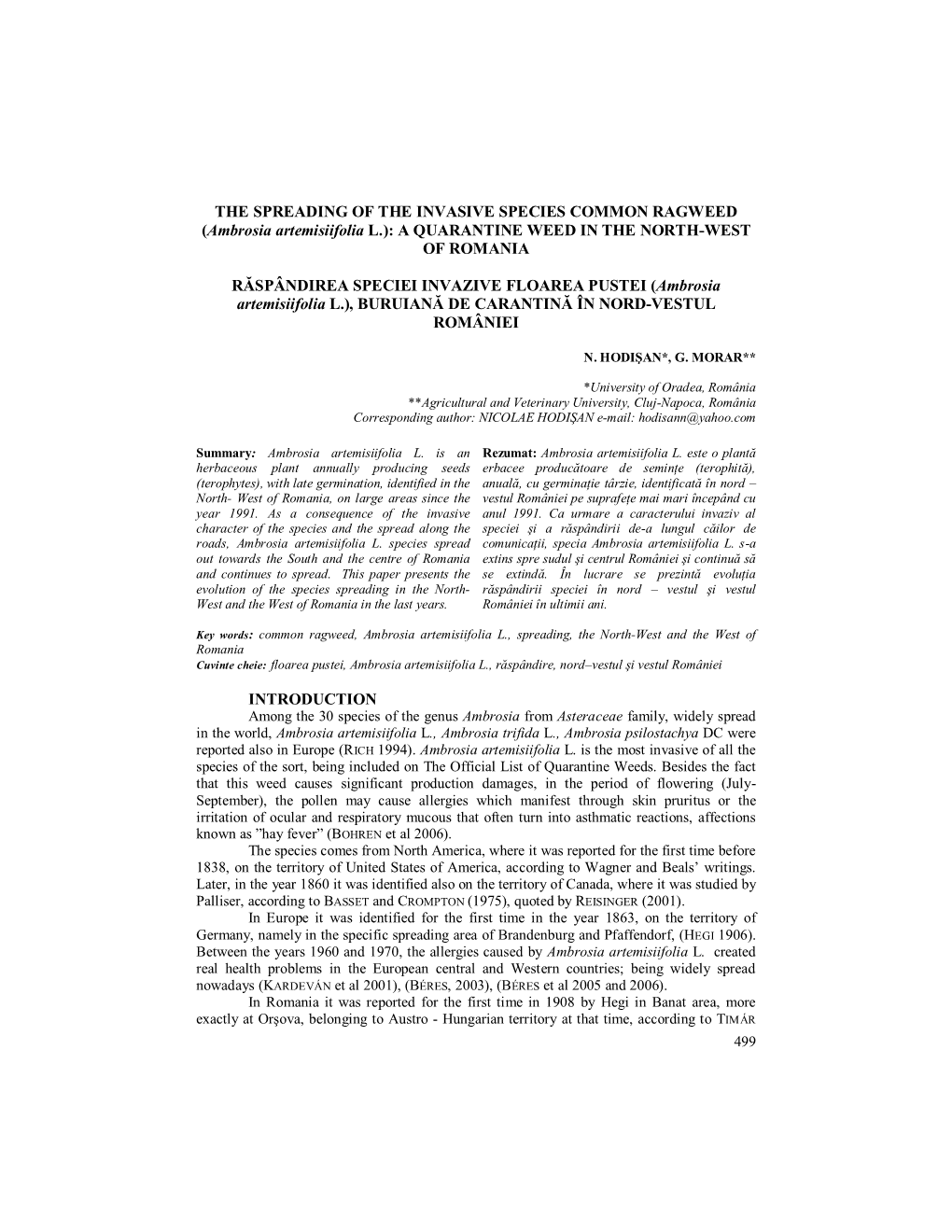 THE SPREADING of the INVASIVE SPECIES COMMON RAGWEED (Ambrosia Artemisiifolia L.): a QUARANTINE WEED in the NORTH-WEST of ROMANIA