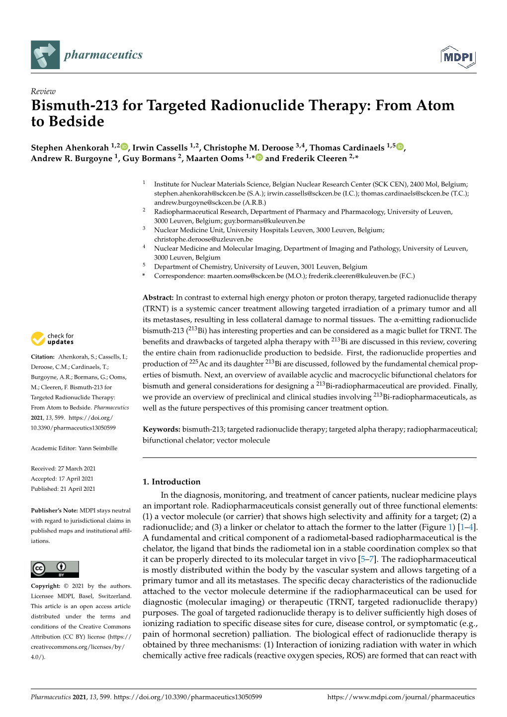 Bismuth-213 for Targeted Radionuclide Therapy: from Atom to Bedside