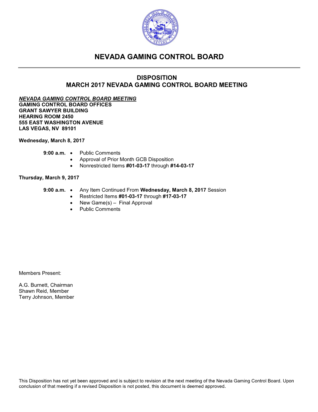 Disposition March 2017 Nevada Gaming Control Board Meeting