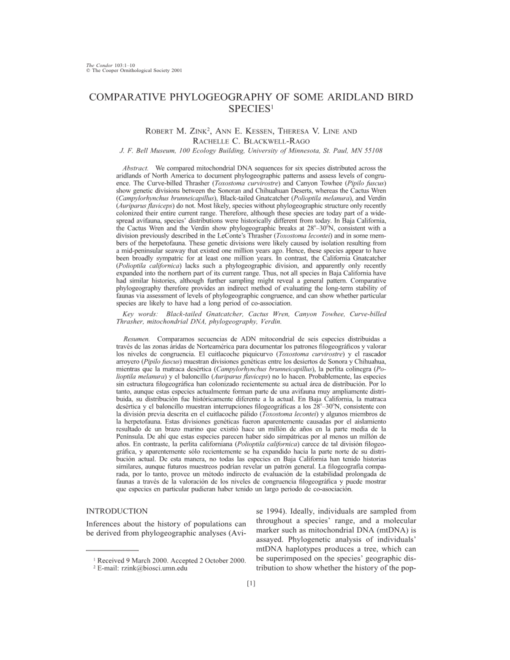 Comparative Phylogeography of Some Aridland Bird Species1