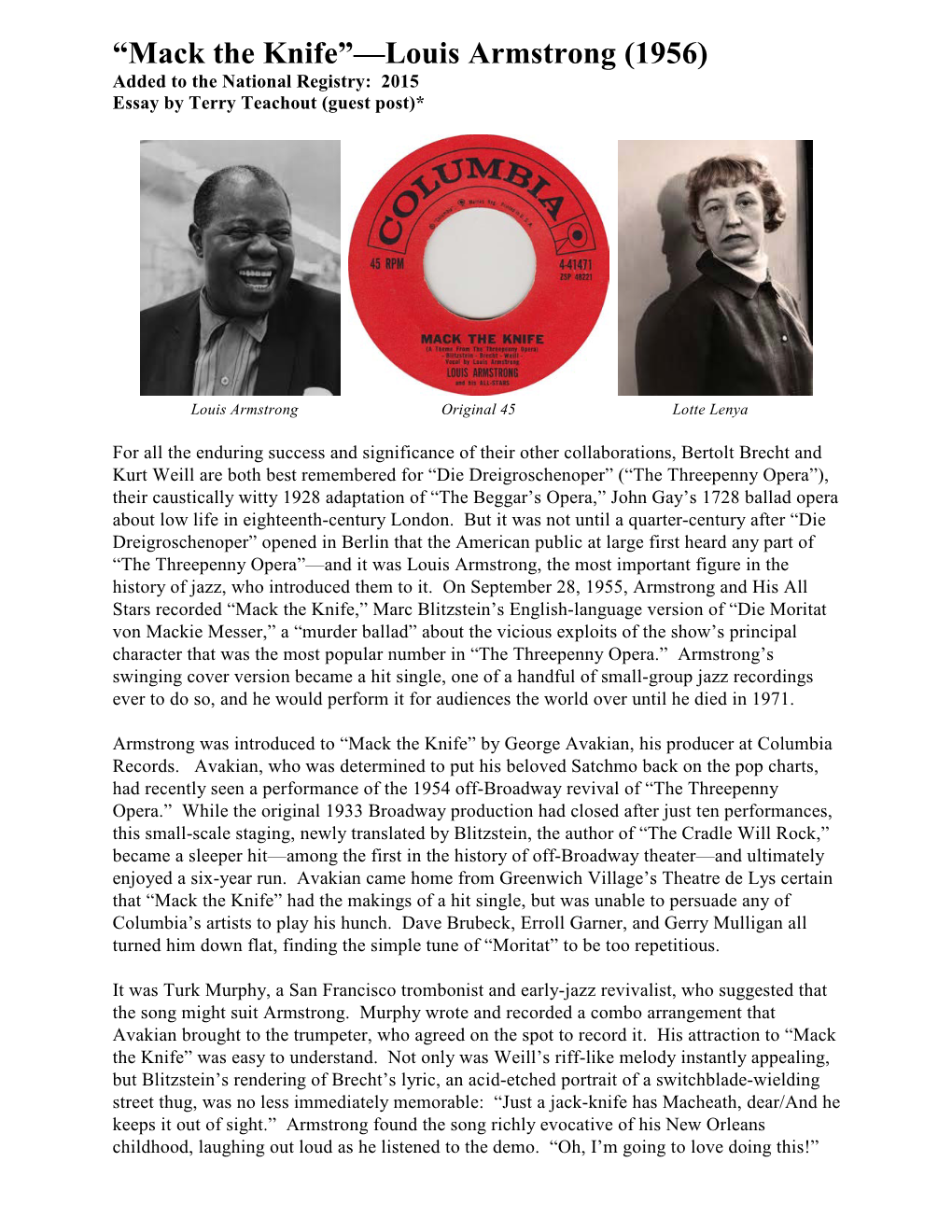 “Mack the Knife”—Louis Armstrong (1956) Added to the National Registry: 2015 Essay by Terry Teachout (Guest Post)*