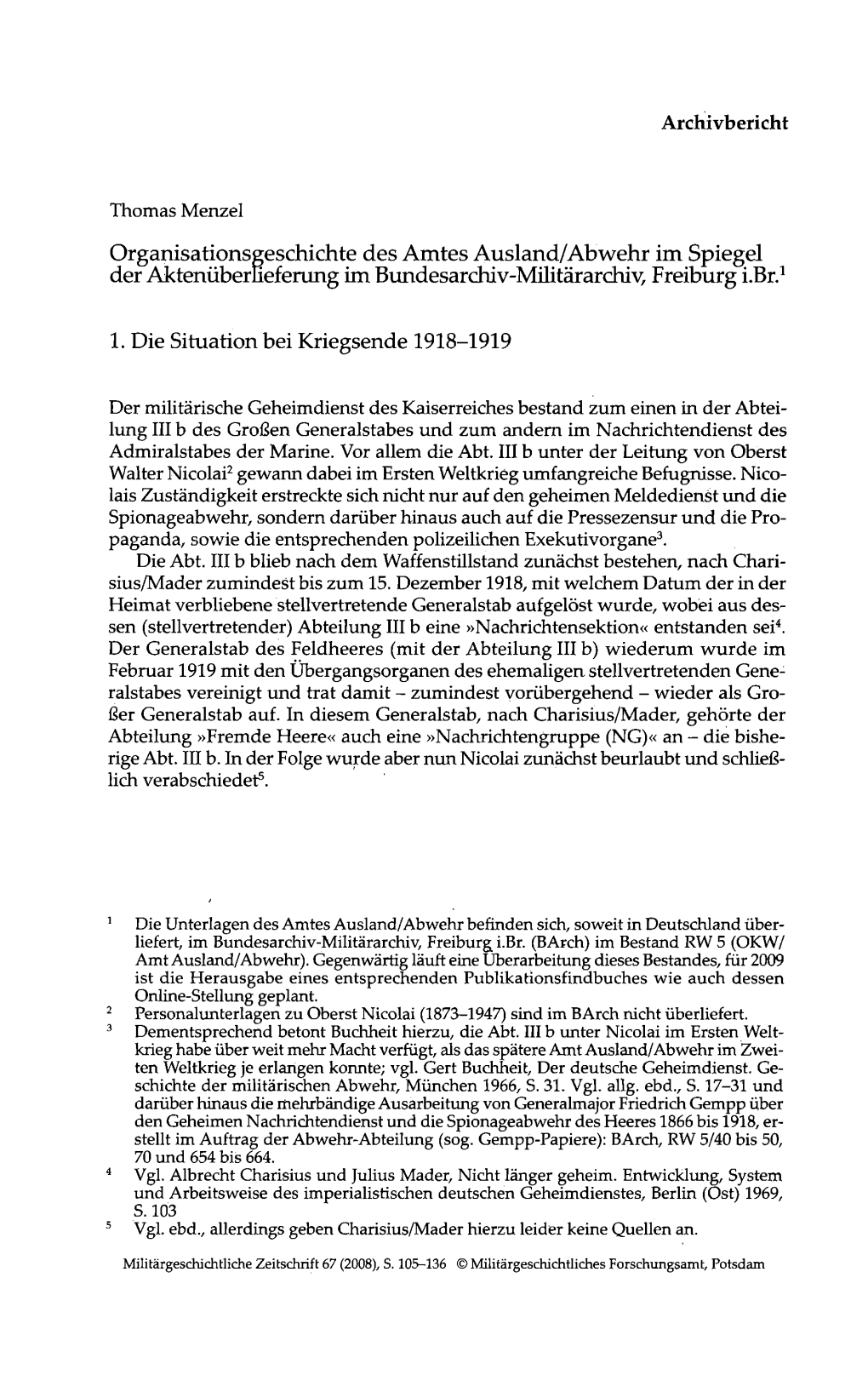 Organisationsgeschichte Des Amtes Ausland/Abwehr Im Spiegel Der Aktenüberlieferung Im Bundesarchiv-Militärarchiv, Freiburg I.Br.1