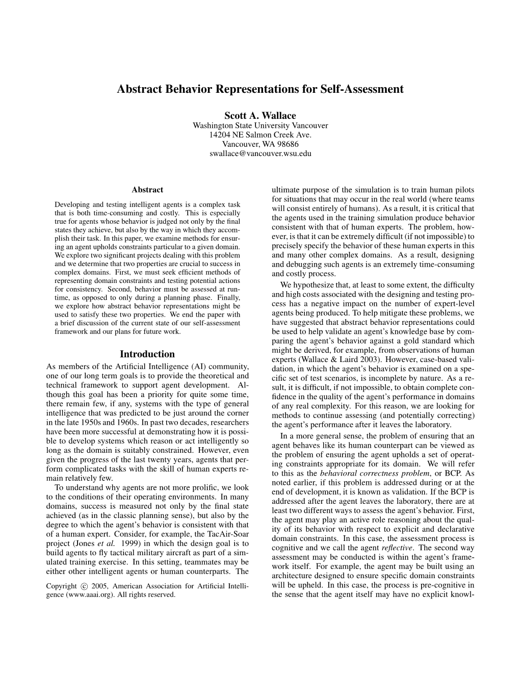 Abstract Behavior Representations for Self-Assessment