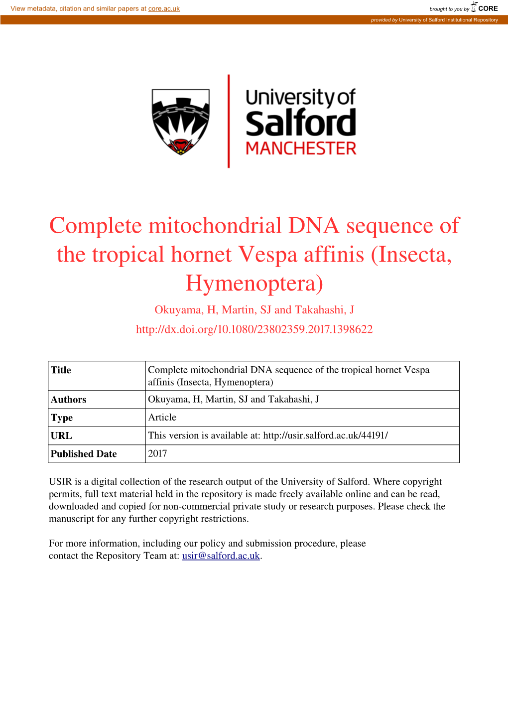 Complete Mitochondrial DNA Sequence of the Tropical Hornet