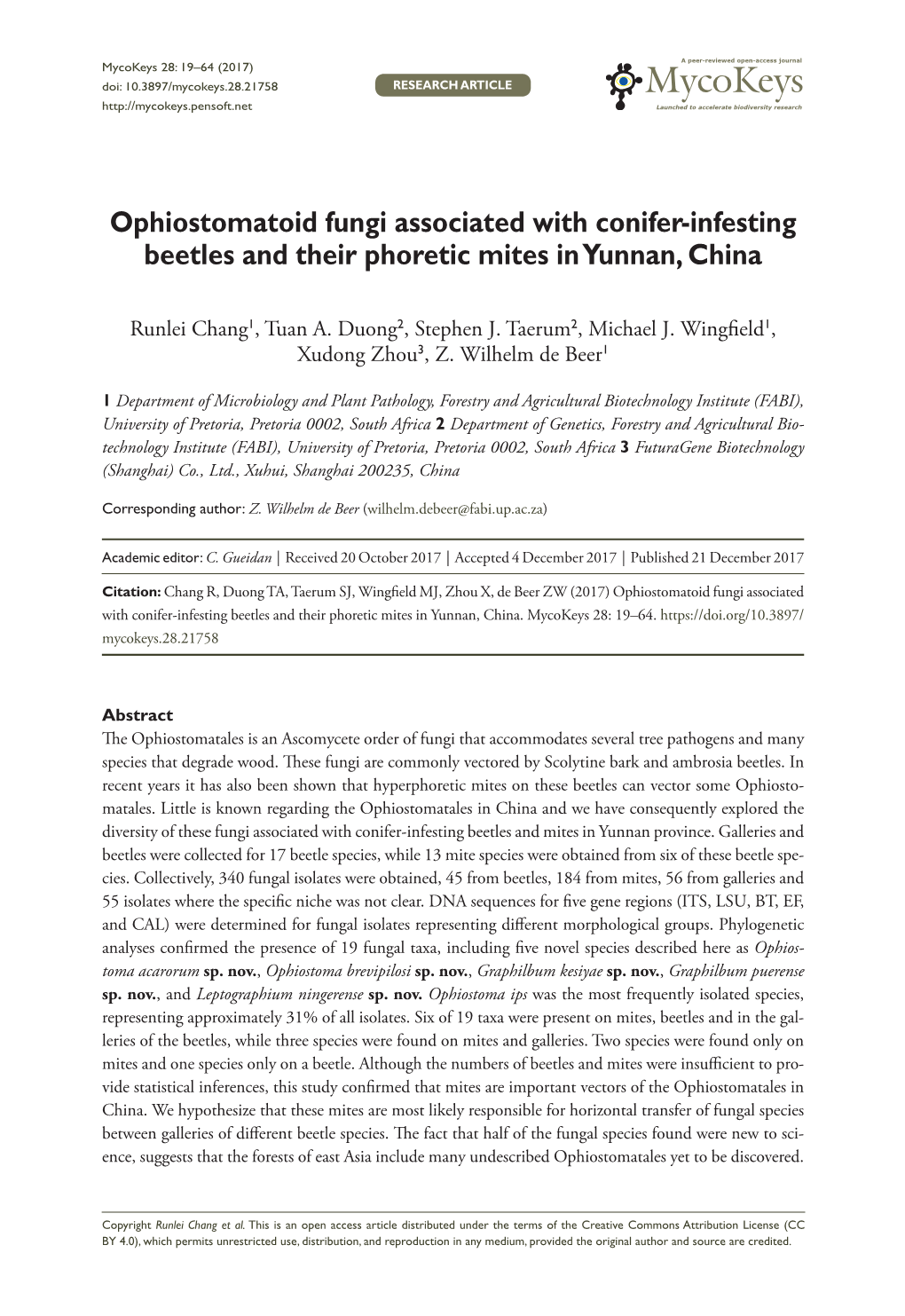 ﻿﻿﻿﻿﻿Ophiostomatoid Fungi Associated with Conifer-Infesting Beetles and Their Phoretic Mites in Yunnan, China