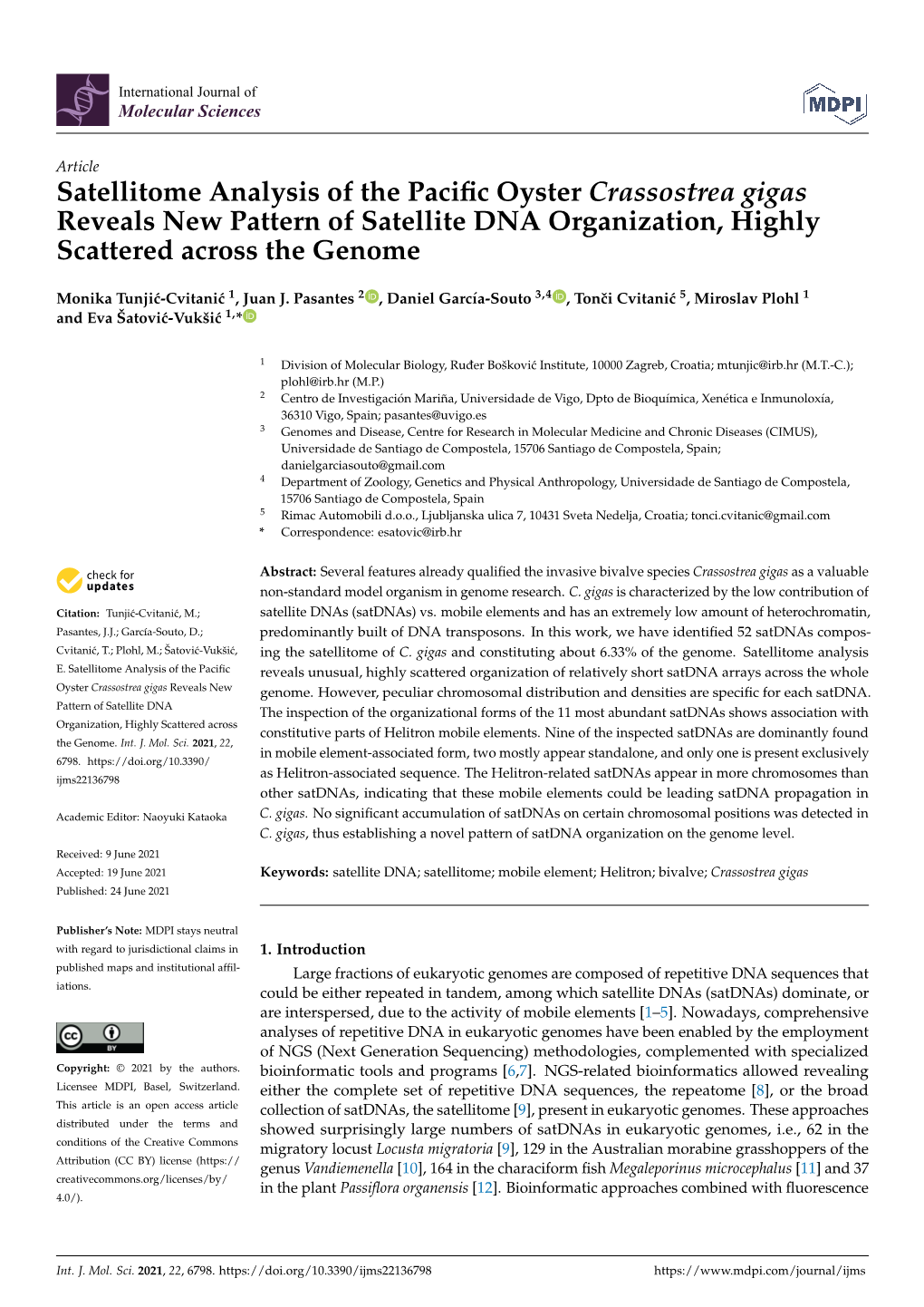 Satellitome Analysis of the Pacific Oyster Crassostrea Gigas Reveals