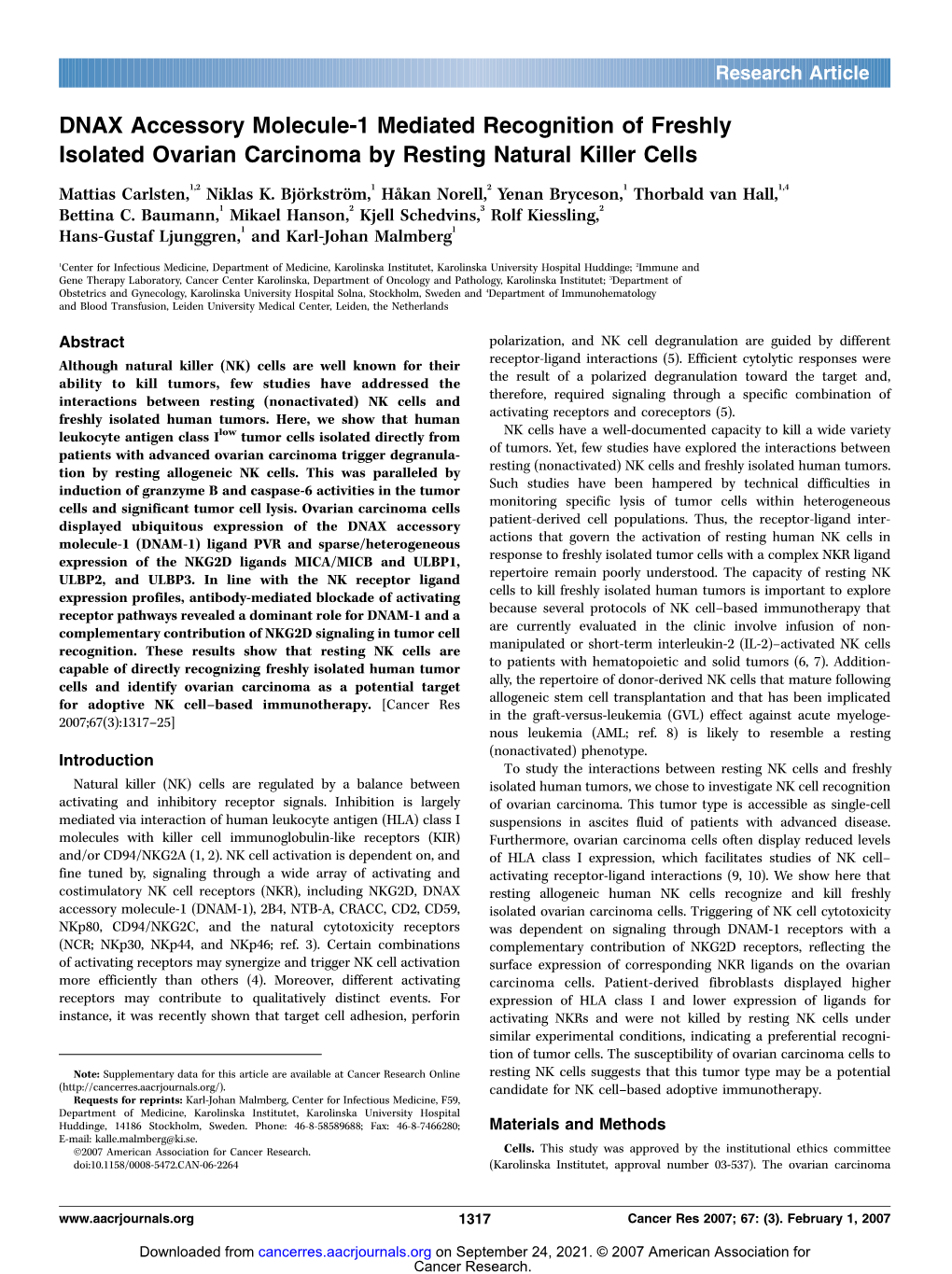 DNAX Accessory Molecule-1 Mediated Recognition of Freshly Isolated Ovarian Carcinoma by Resting Natural Killer Cells