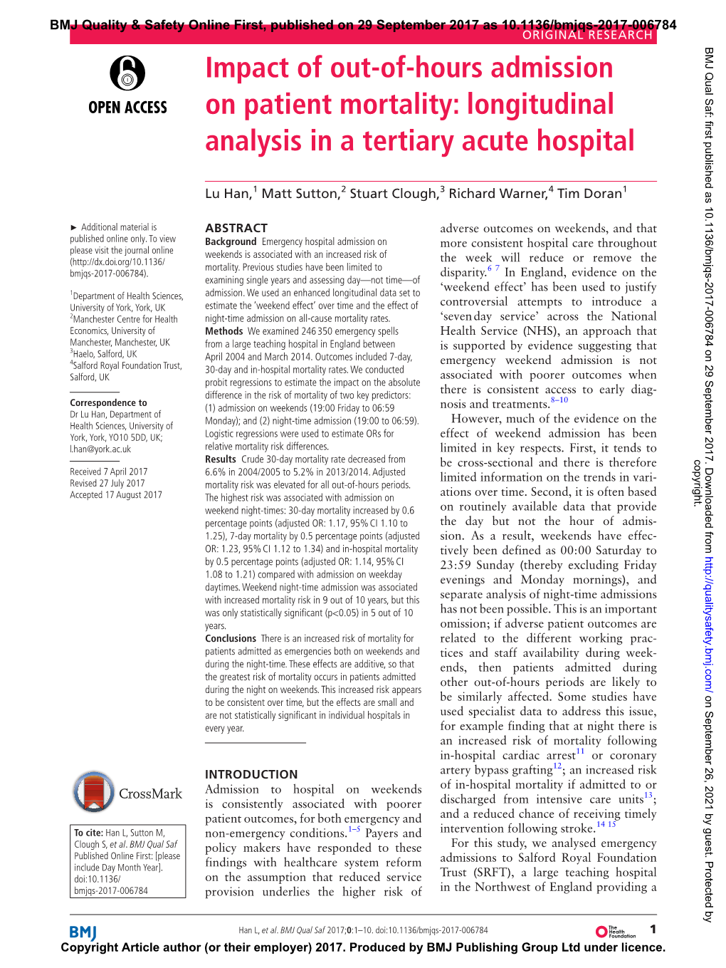 Impact of Out-Of-Hours Admission on Patient Mortality: Longitudinal Analysis in a Tertiary Acute Hospital