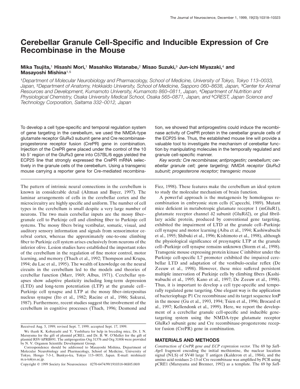 Cerebellar Granule Cell-Specific and Inducible Expression of Cre Recombinase in the Mouse