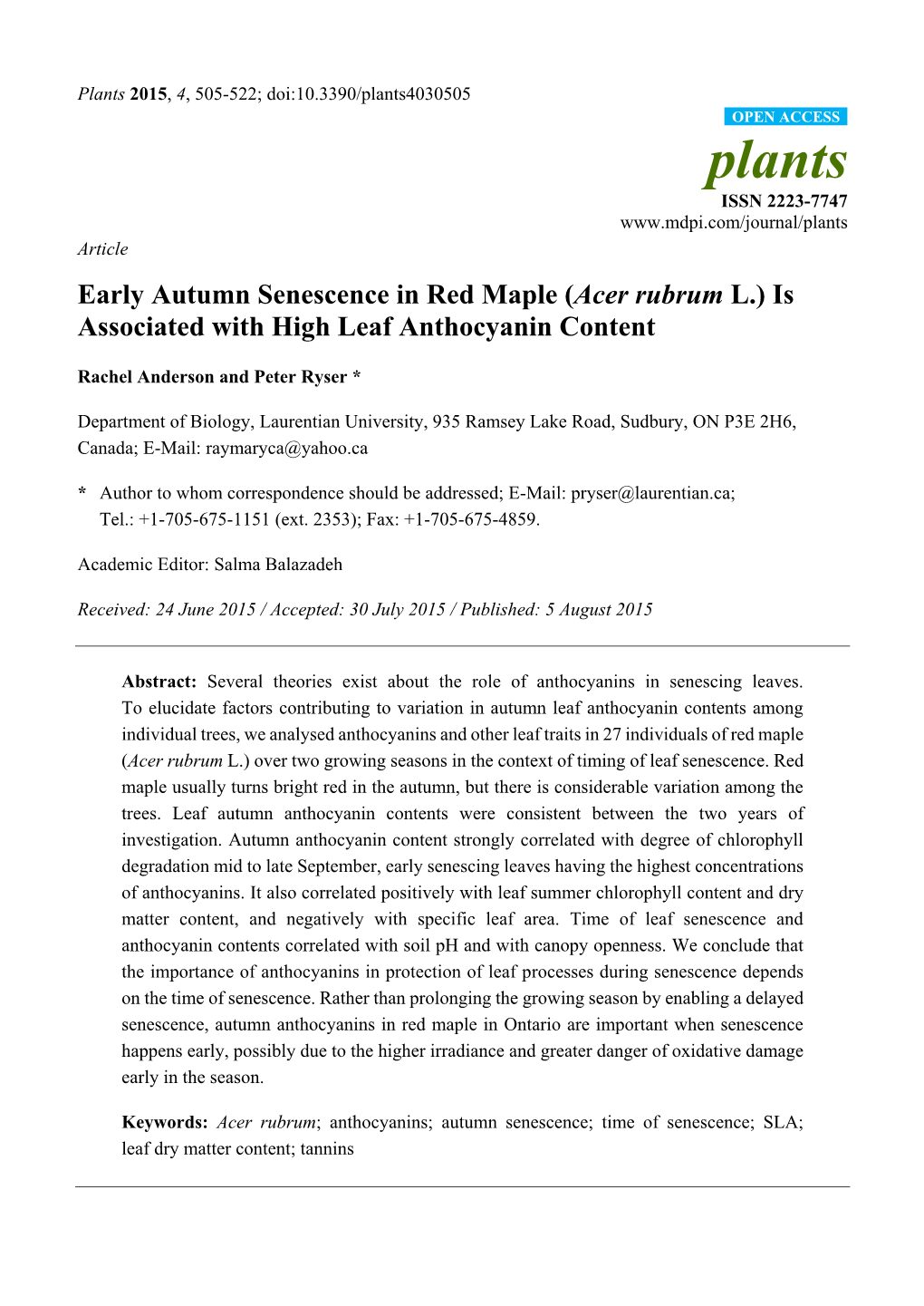 Early Autumn Senescence in Red Maple (Acer Rubrum L.) Is Associated with High Leaf Anthocyanin Content