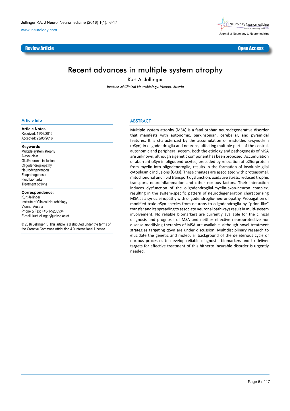 Recent Advances in Multiple System Atrophy G