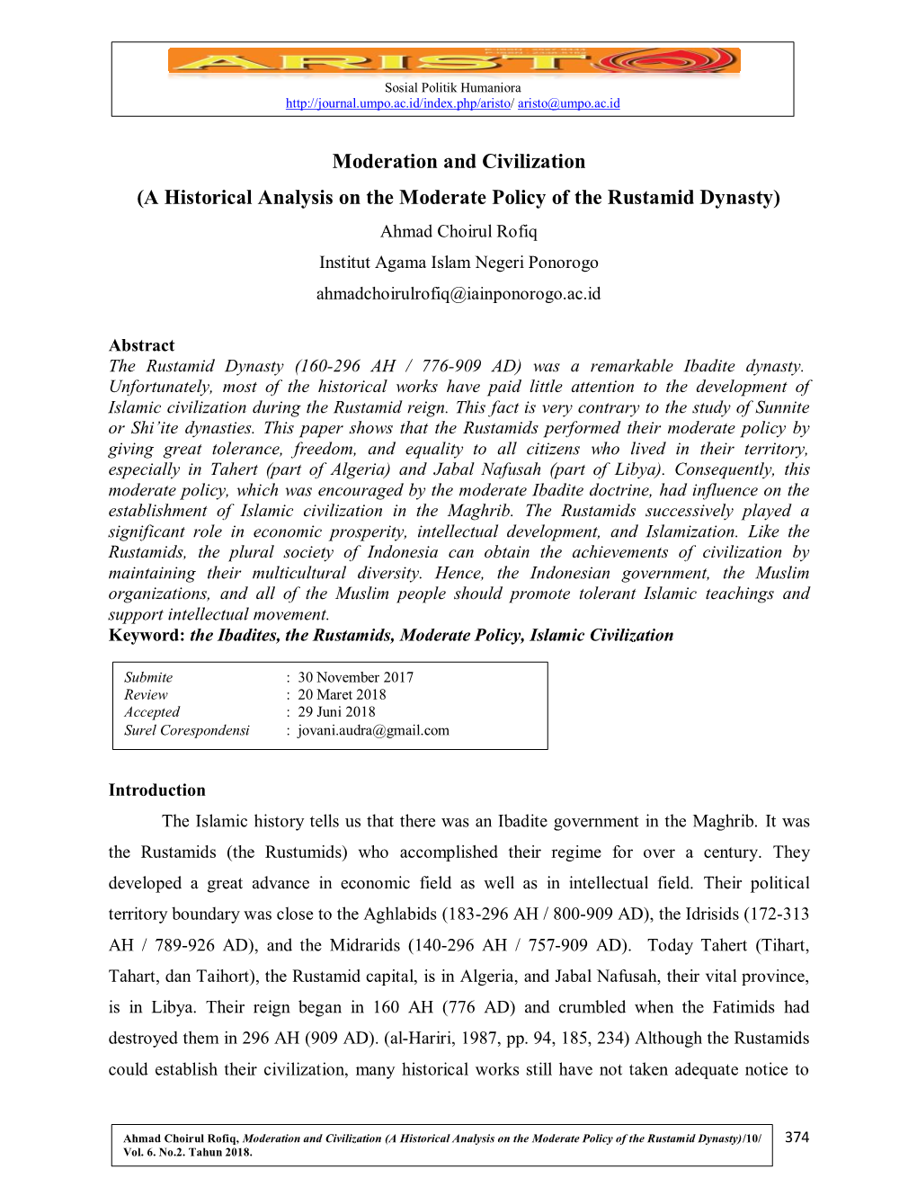 A Historical Analysis on the Moderate Policy of the Rustamid Dynasty) Ahmad Choirul Rofiq Institut Agama Islam Negeri Ponorogo Ahmadchoirulrofiq@Iainponorogo.Ac.Id