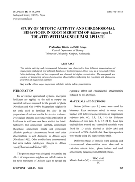 STUDY of MITOTIC ACTIVITY and CHROMOSOMAL BEHAVIOUR in ROOT MERISTEM of Allium Cepa L