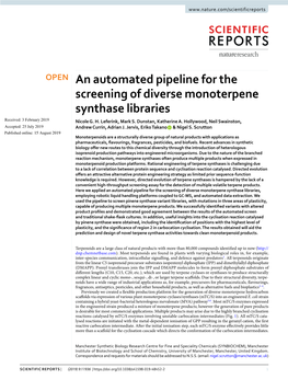 An Automated Pipeline for the Screening of Diverse Monoterpene Synthase Libraries Received: 3 February 2019 Nicole G