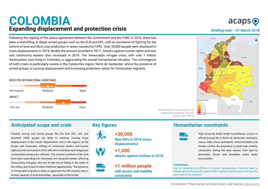 COLOMBIA Expanding Displacement and Protection Crisis Briefing Note – 01 March 2018