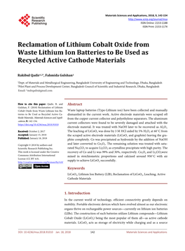 Reclamation of Lithium Cobalt Oxide from Waste Lithium Ion Batteries to Be Used As Recycled Active Cathode Materials