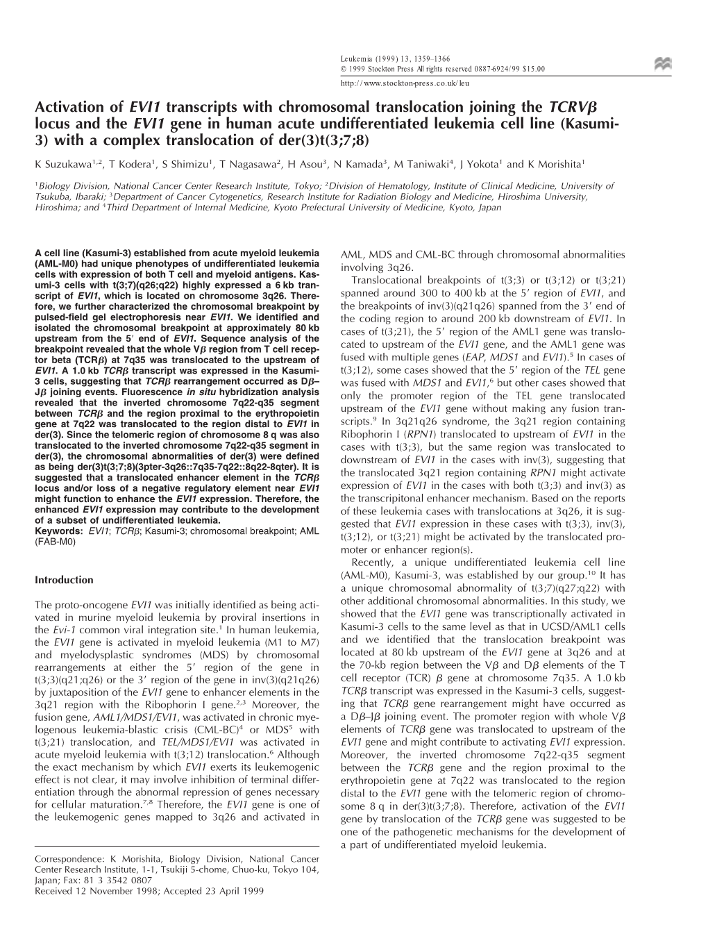 Activation of EVI1 Transcripts with Chromosomal Translocation Joining