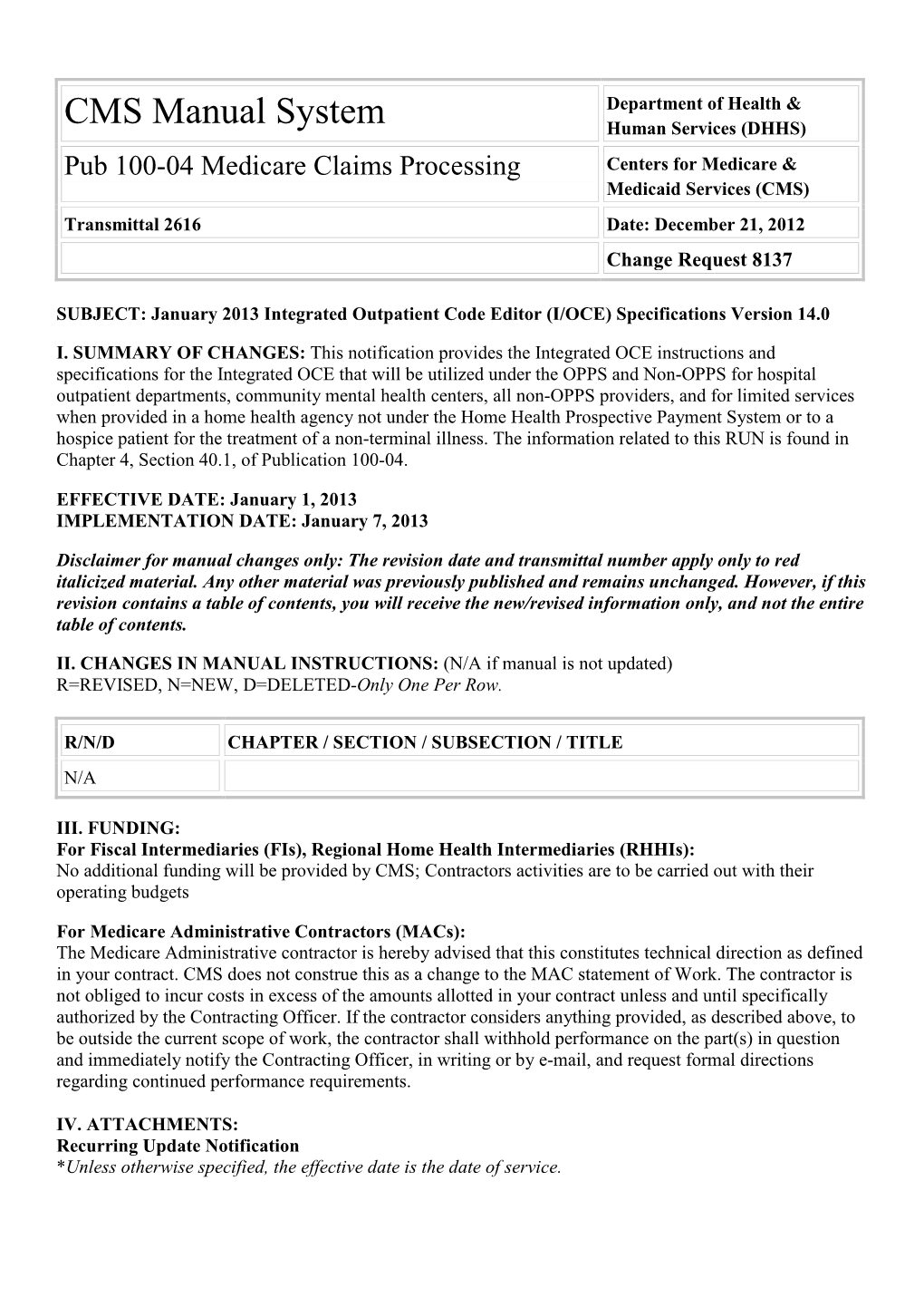 Pub 100-04 Medicare Claims Processing Centers for Medicare & Medicaid Services (CMS) Transmittal 2616 Date: December 21, 2012 Change Request 8137