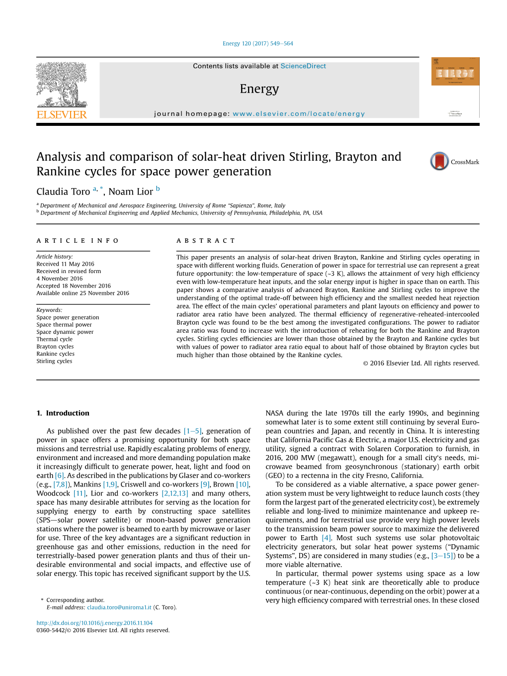 Analysis and Comparison of Solar-Heat Driven Stirling, Brayton and Rankine Cycles for Space Power Generation