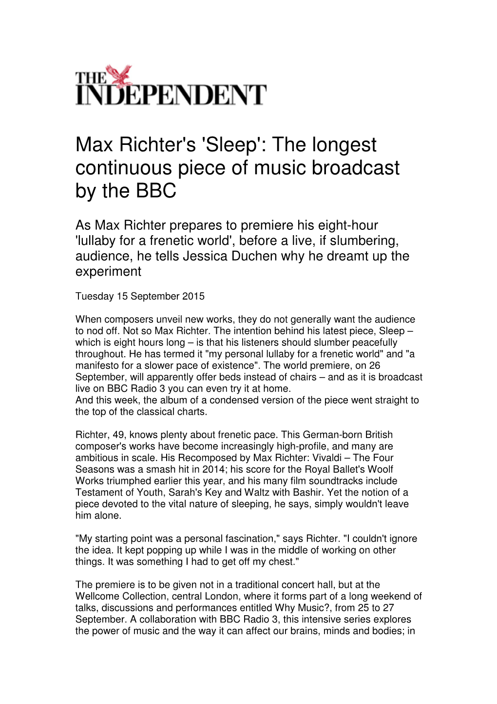 Max Richter's 'Sleep': the Longest Continuous Piece of Music Broadcast by the BBC