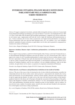 Interessi Cittadini, Finanze Regie E Istituzioni Parlamentari Nella Sardegna Del Tardo Medioevo