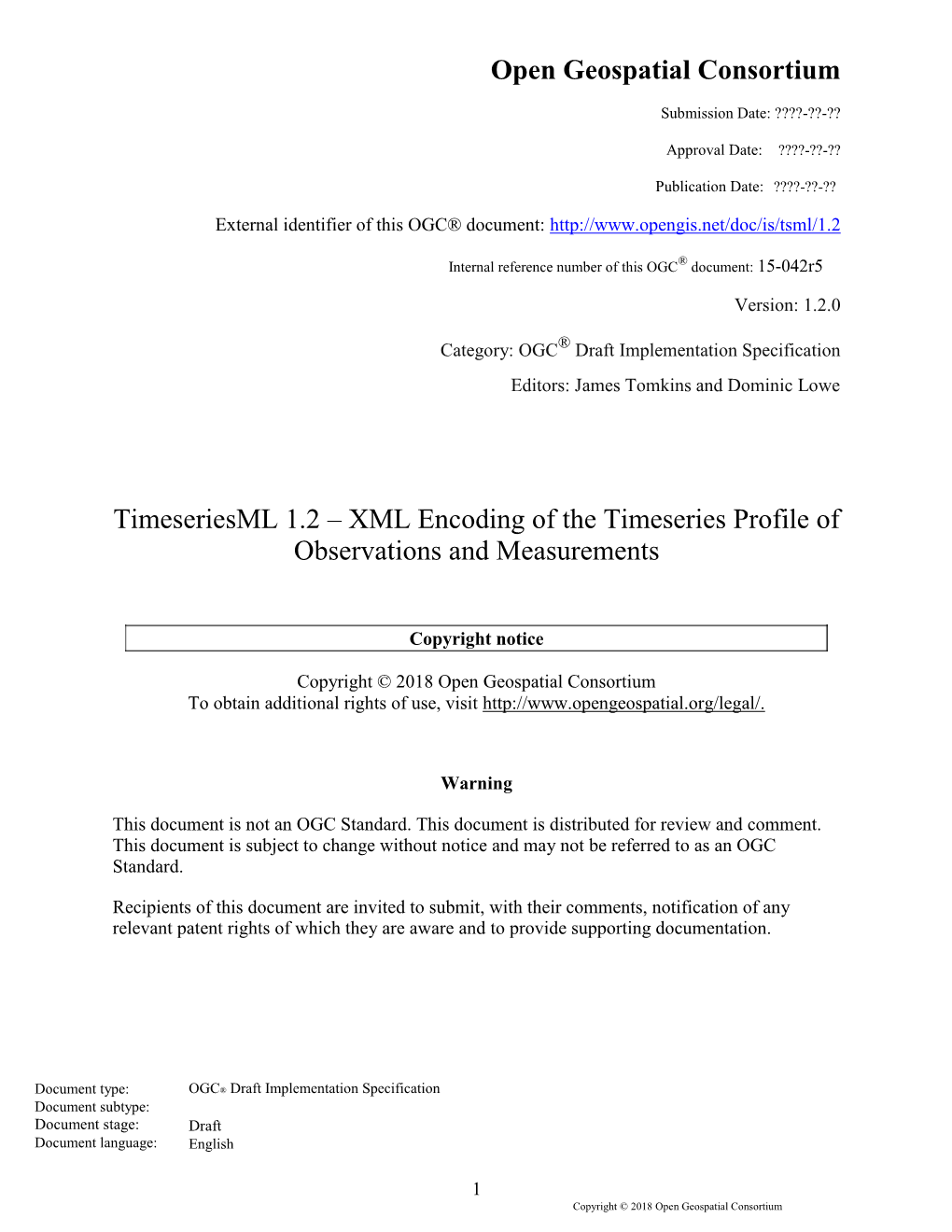 Open Geospatial Consortium Timeseriesml 1.2 – XML Encoding