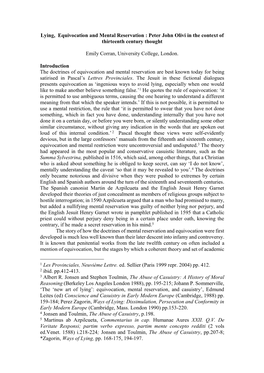 Lying, Equivocation and Mental Reservation : Peter John Olivi in the Context of Thirteenth Century Thought