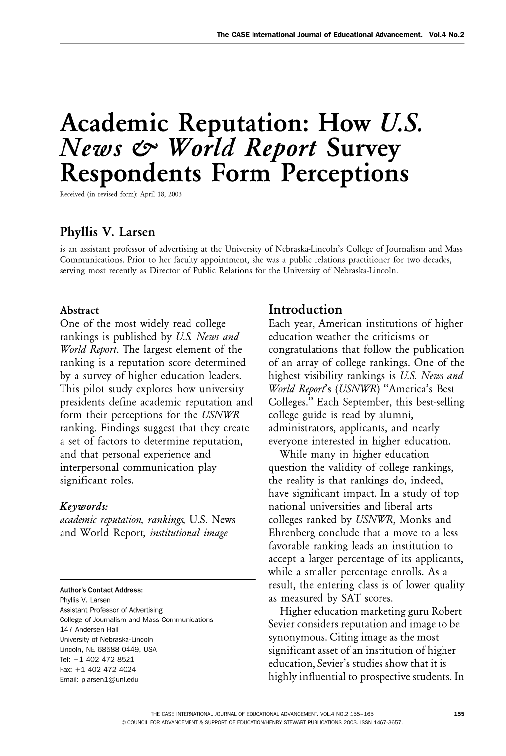 Academic Reputation: How U.S. News & World Report Survey