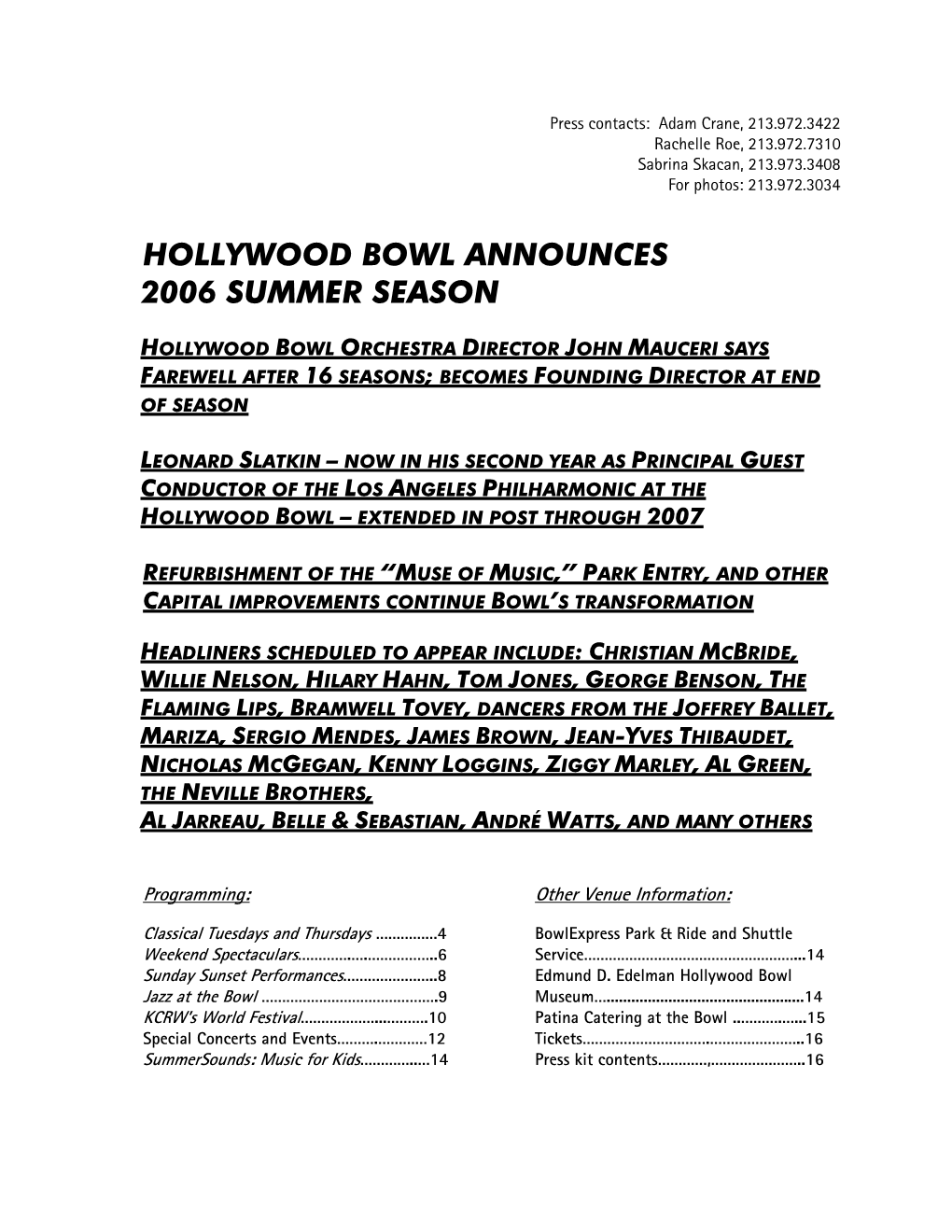 Hollywood Bowl Announces Summer Season 2004