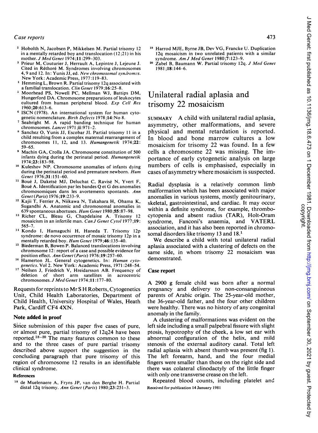 Unilateral Radial Aplasia and Trisomy 22 Mosaicism