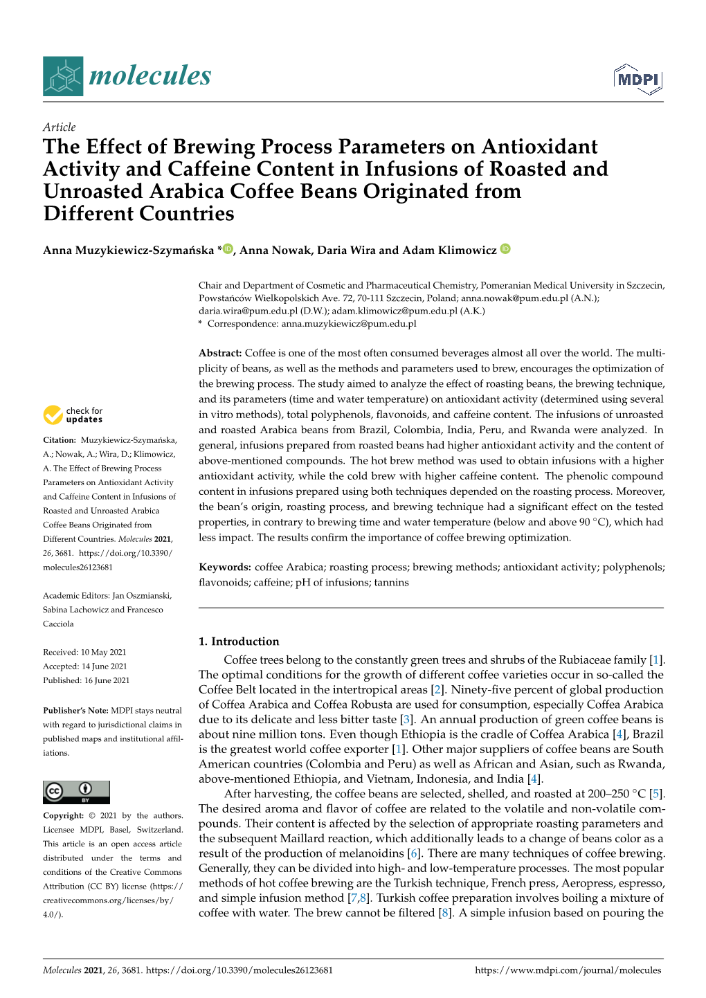 The Effect of Brewing Process Parameters on Antioxidant Activity