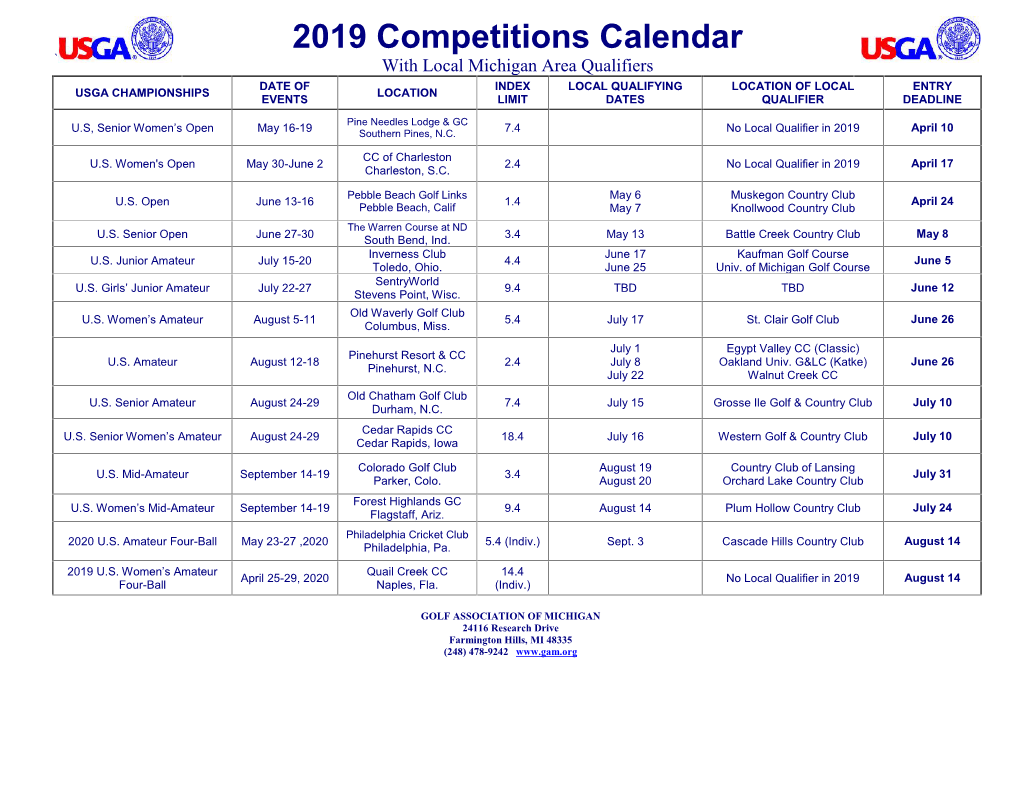 2019 Competitions Calendar