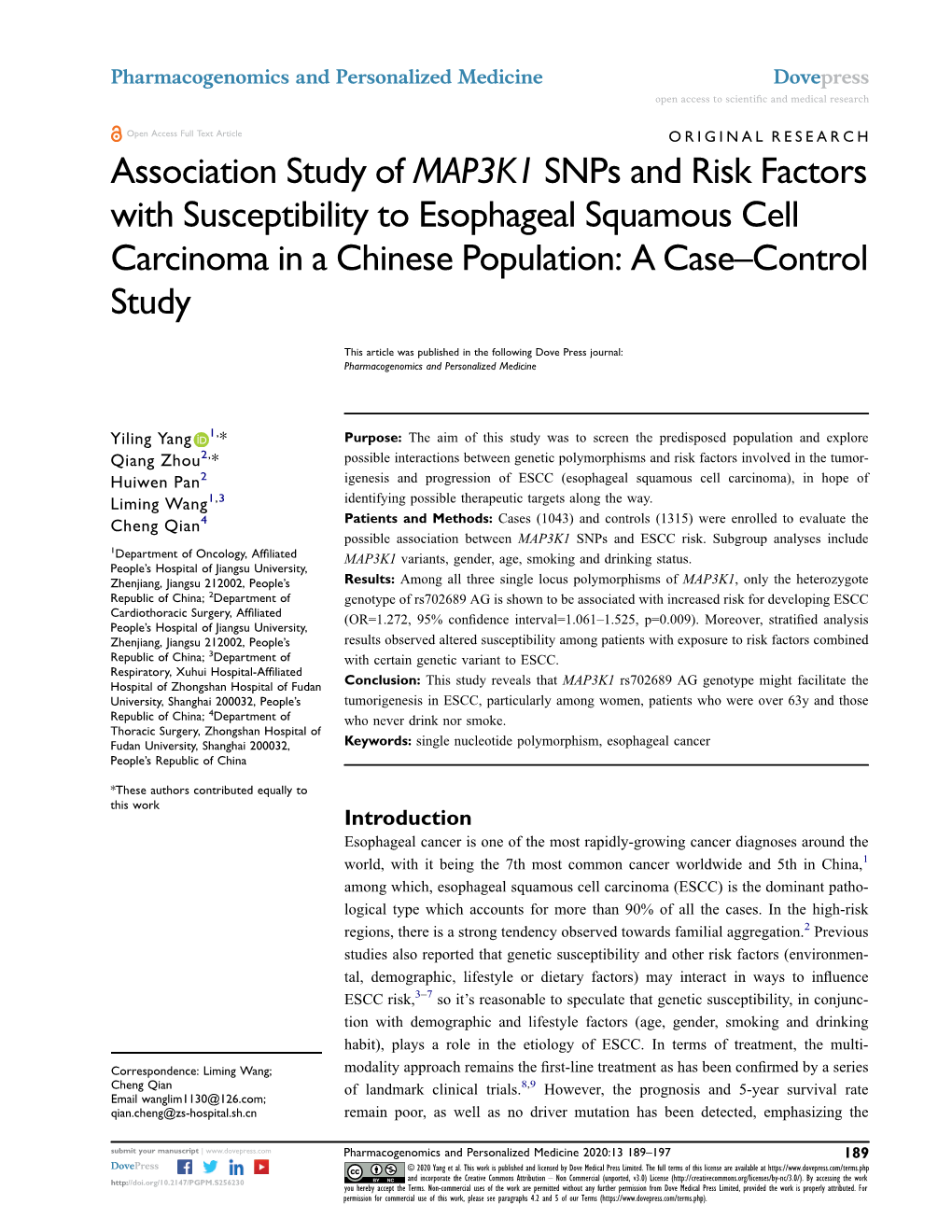 Association Study of MAP3K1 Snps and Risk Factors with Susceptibility to Esophageal Squamous Cell Carcinoma in a Chinese Population: a Case–Control Study