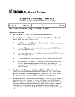 City Council Decision Executive Committee – Item 10.1 EX10.1