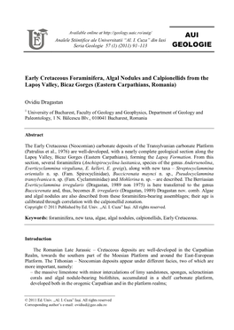 Early Cretaceous Foraminifera, Algal Nodules and Calpionellids from the Lapoş Valley, Bicaz Gorges (Eastern Carpathians, Romania)