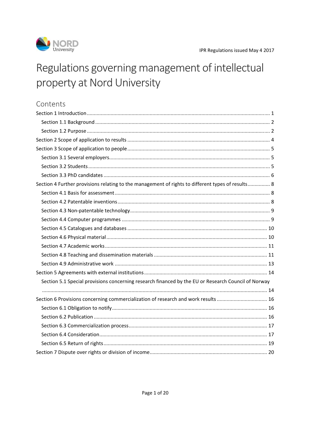 Regulations Governing Management of Intellectual Property at Nord University