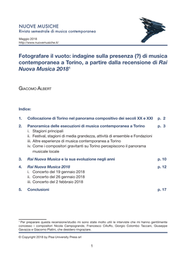 Indagine Sulla Presenza (?) Di Musica Contemporanea a Torino, a Partire Dalla Recensione Di Rai Nuova Musica 20181