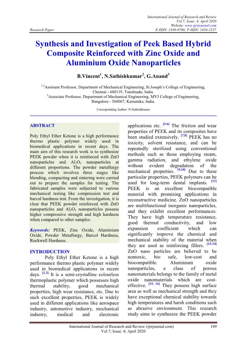 Synthesis and Investigation of Peek Based Hybrid Composite Reinforced with Zinc Oxide and Aluminium Oxide Nanoparticles