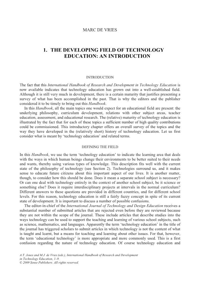 1. the Developing Field of Technology Education: an Introduction
