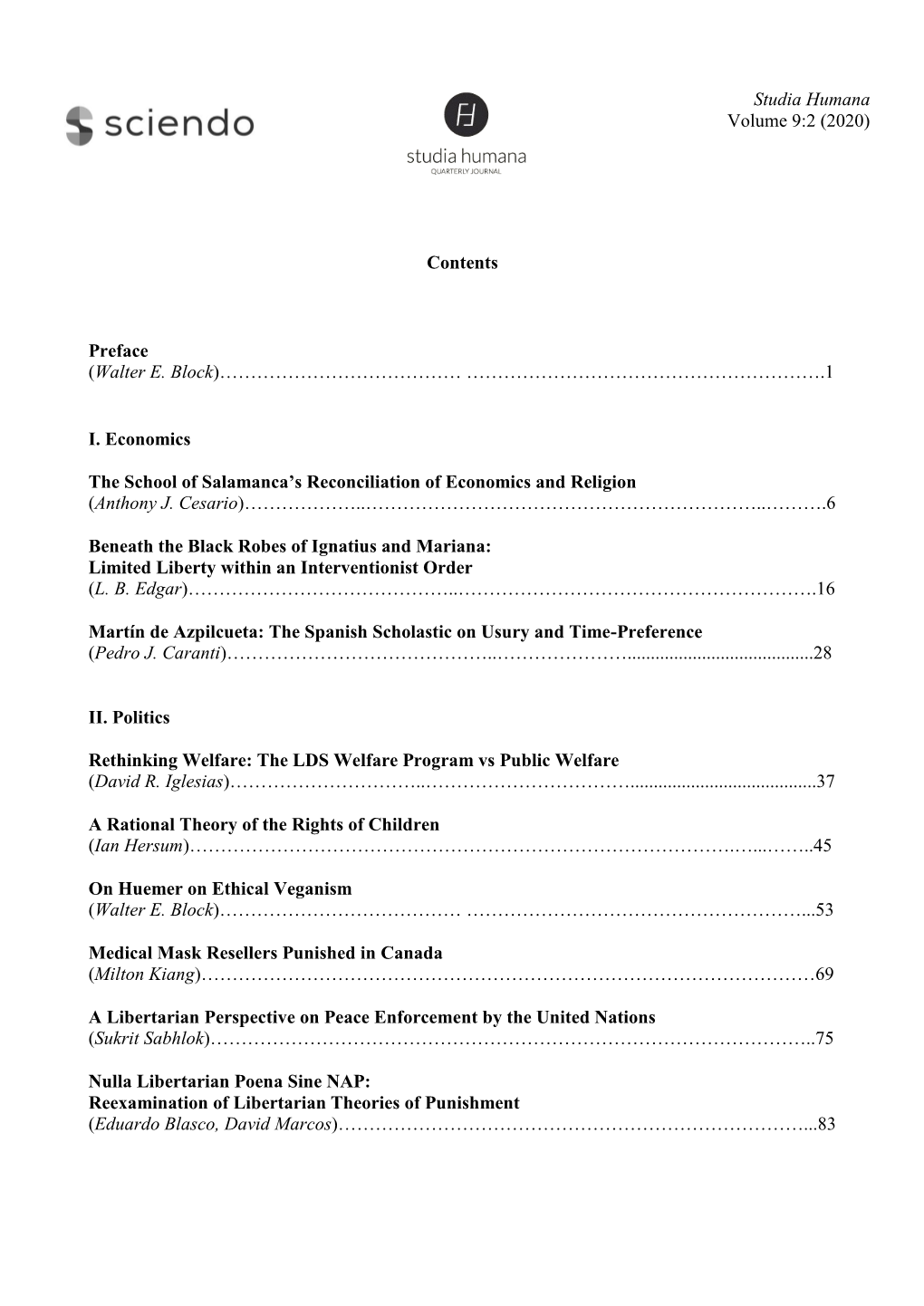 Studia Humana Volume 9:2 (2020) Contents Preface (Walter E. Block)………………………………… …………………