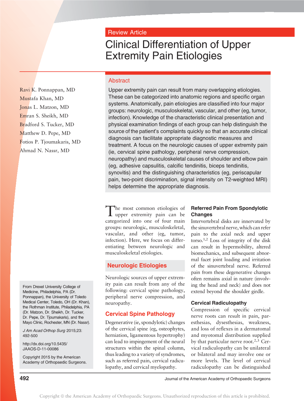 Clinical Differentiation of Upper Extremity Pain Etiologies