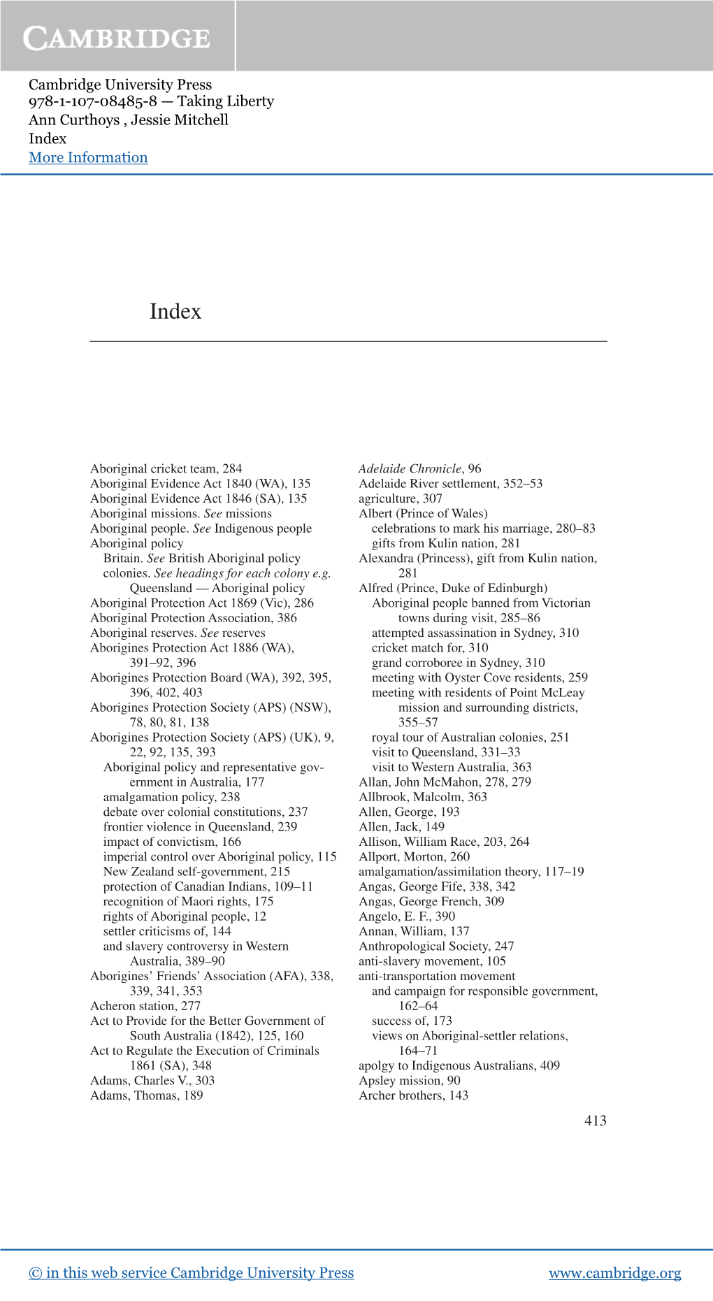 Cambridge University Press 978-1-107-08485-8 — Taking Liberty Ann Curthoys , Jessie Mitchell Index More Information
