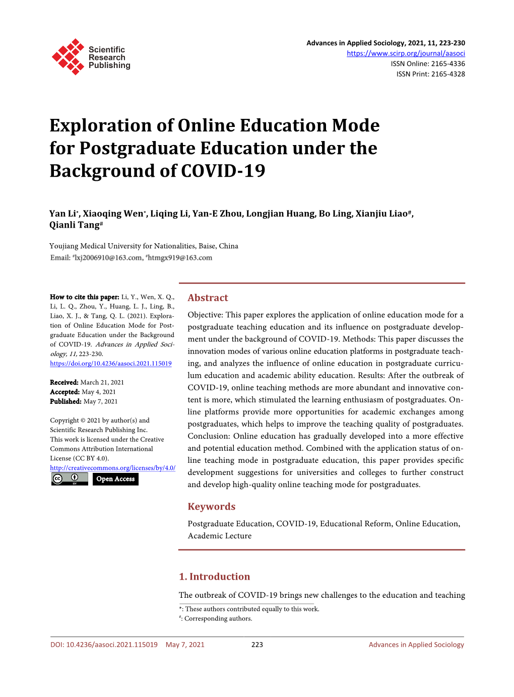 Exploration of Online Education Mode for Postgraduate Education Under the Background of COVID-19